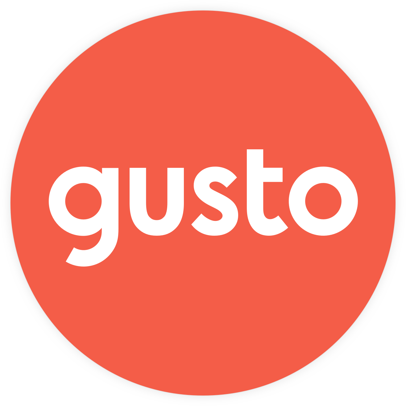 Circular logo of Gusto featuring the word 'gusto' in white on an orange background.